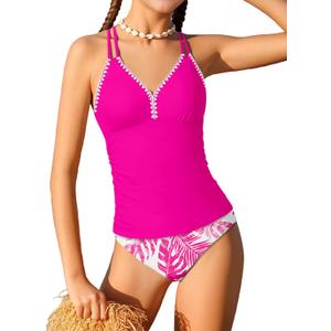 Queenstyle Girls Tankini Swimsuit V Neck Crochet Edge Bathing Suit Cross Back Straps Two Piece Swimwear for 9-16 Years (13-14 Years, Pink)