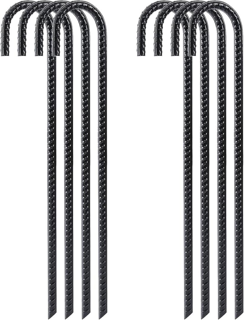 FEED GARDEN 16 Inch 8 Pack Rebar Stakes Heavy Duty J Hook, Galvanized Steel Ground Stakes Tent Stakes Ground Anchors, Chain Link Fence Stakes, Trampoline Stakes, Black