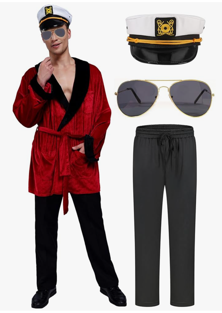 Maxim Party Supplies Men\'s Velvet Socialite Robe Jacket With Belt, Sunglasses, Pants and Captain Hat Costume for Halloween Adult