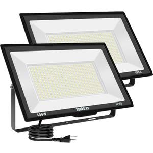 500W LED Flood Lights Outdoor 2 Pack, IP66 Waterproof, 6000K Daylight White Security Lights Outside Bulb, Exterior Wall Lights for Yard Stadium Garden