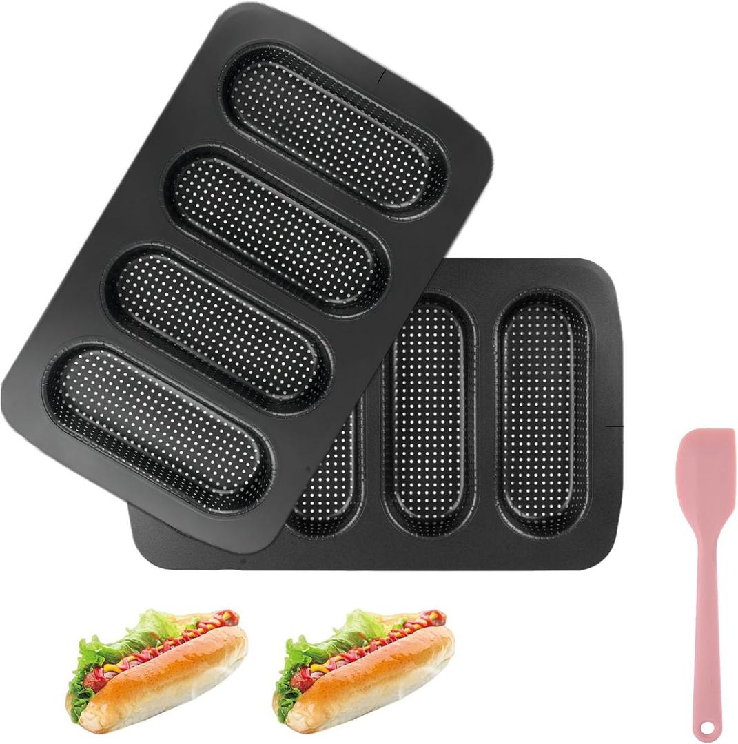 Hot Dog Bun Pan, 2 Pack Perforated Carbon Steel Bread Loaf Pan, Nonstick & Heat Resistant Bread Forms Mini Baguette Baking Tray for Hot Dog Bun Rolls (Black)