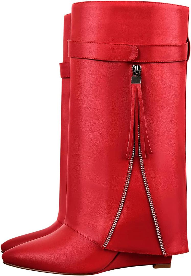 LISHAN Red Wedge Heel Long Boots for Women Knee High Fold over Shark Chunky Block Heel Slip on Pointed Toe Pull on Shoes Soft Pu Wide Calf Goth Boots Size 9.5 ( Red )