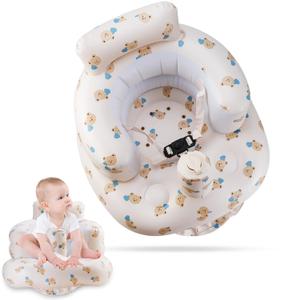 Inflatable Baby Seat with 3-Point Safety Belt & Built-in Pump - Portable Infant Chair for Sitting Up, Travel, Home Use (Blue Love Bear Head)