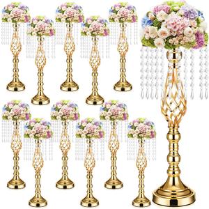 Sieral 12 Pcs Gold Wedding Centerpieces for Table Gold Crystal Flower Stand 19.3 Inch Tall Vase with Chandelier Metal Flower Holders for Wedding Bridal Shower Party Reception Dinner Tabletop Decor