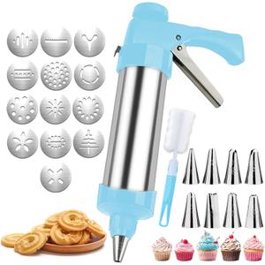 Suuker Cookie Press Gun Kit, Stainless Steel Spritz Cookie Press Set for Baking Icing Gun with 8 Piping Tips and 13 Cookie Discs for DIY Biscuit Cake Dessert Making and Decorating, Blue