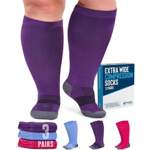 Doctor's Select 3 Pairs Plus Size Compression Socks Wide Calf - Up to 6XL | 20-30 mmHg Compression Socks for Women Wide Calf | Pink, Purple, Blue