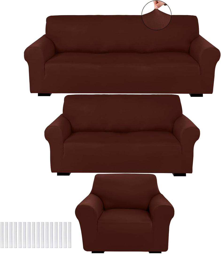 Peryiter 3 Pcs Slipcover Set for Couch Furniture Covers for Sofa Loveseat Couch Arm Chair, Form Fit Stretch, Wrinkle Free, Furniture Protector(Coffee Brown,Milk Silk Spandex) Peryiter 3 Pcs Slipcover Set for Couch Furniture Covers for Sofa Loveseat Couch Arm Chair, Form Fit Stretch, Wrinkle Free, Furniture Protector(Coffee Brown,Milk Silk Spandex)