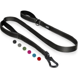 TwoEar 4FT 1IN Strong Black Dog Leash with 2 Padded Handles, Traffic Handle Extra Control, Comfortable Soft Dual Handle, Auto Lock Hook, Reflective Walking Lead for Small Medium and Large Dogs
