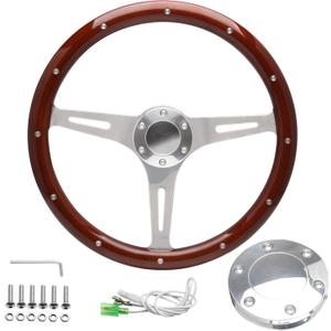 15" Classic Wood Grain Steering Wheel Riveted Light Wood Grip Universal Automotive Steering Wheels Slotted 3 Spoke with Horn Button