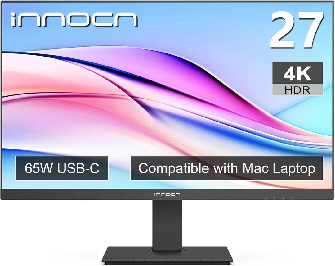 INNOCN 27" 4K USB-C Monitor for Laptop MacBook/Mac mini - 16:9 IPS 3840 x 2160 Display, HDR400, DeltaE＜2, DisplayPort, HDMI PC Monitor, 1.07B+ Colors, Built-in Speakers, Adjustable Stand, Black