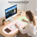 Checkered Pattern Desk Pad Protector, 35.5 x 13'' Aesthetic Mouse Mat for Desktop, Waterproof PU Leathe Non-Slip Desk Writing Pad for Office and Home, Pink and Green