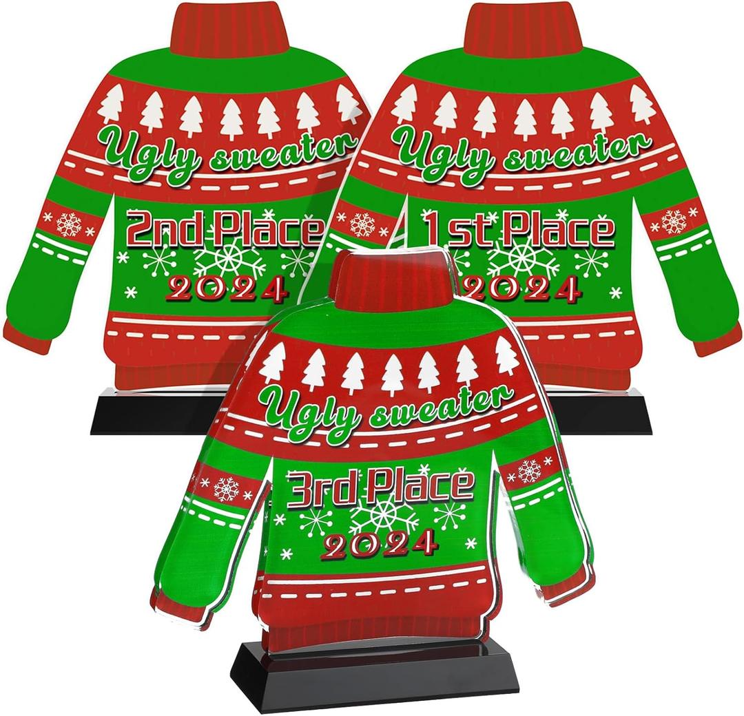 Soaoo 3 Pieces Ugly Christmas Sweater Trophy 6.7 Inch Acrylic Christmas Sweater Party Trophy Award 1st 2nd and 3rd Place Trophy Funny Trophy for Adults
