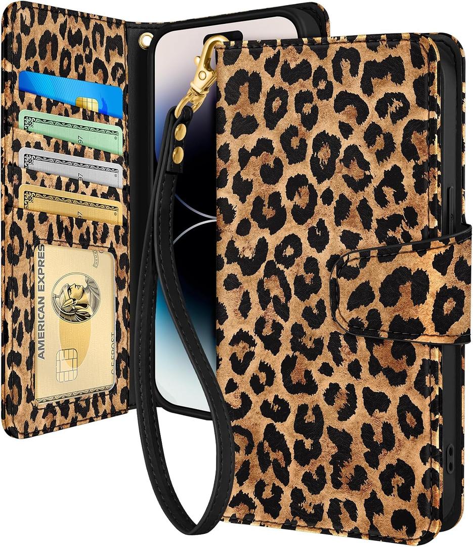 Toycamp for iPhone 14 Pro Wallet Case with Wrist Strap - Leather Flip Folio Phone Case with RFID Blocking 4 Card Holder for Apple for iPhone 14 Pro Funda Cute Aesthetic for Women Ladies, Leopard Print