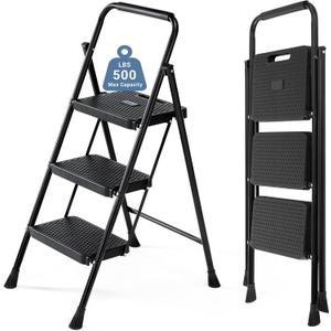DUMOS 3 Step Ladder, Sturdy Step Stool with Anti-Slip Pedal & Comfortable Handrail, Portable Heavy Duty Stool for Kitchen, Garage & Outdoor Use, 500lbs, Black