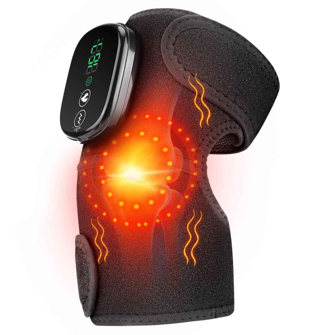 Cordless Heated Knee Massager with Vibration for Pain Relief, Heated Knee Brace Wrap, 3 in 1 Knee Heating Pad with 3 Heating Levels, 3 Massage Modes