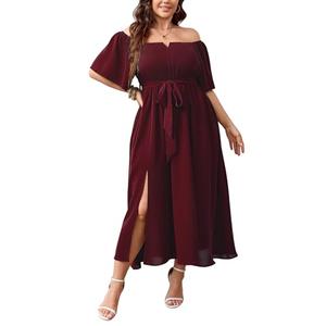SCOMCHIC Women's Plus Size Formal Dresses Off The Shoulder Wedding Guest Cocktail A-Line Split Maxi Dress with Pockets Burgundy Size 2XL