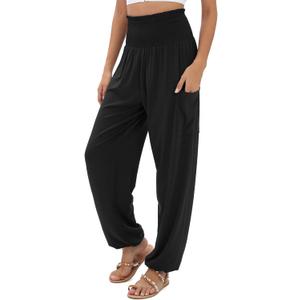 QIANXIZHAN Women's Harem Pants, High Waist Yoga Boho Trousers with Pockets (Black, S)