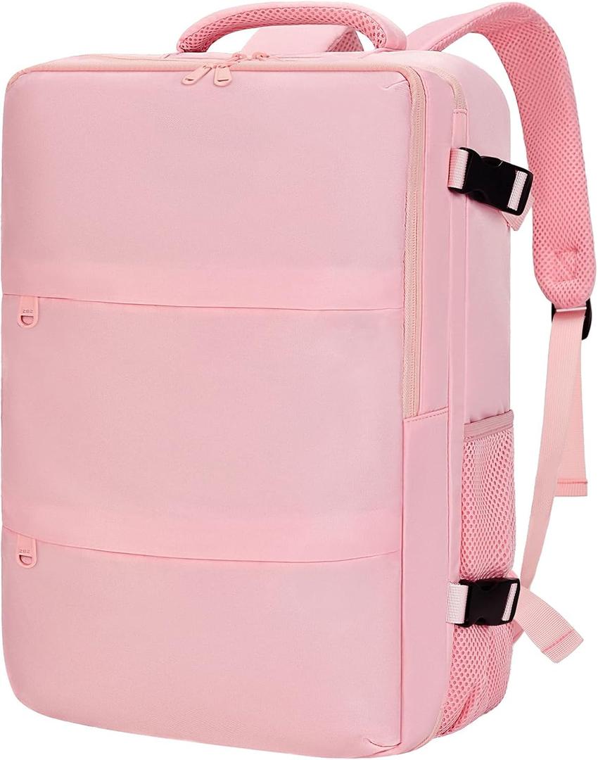 Carry On Backpack for Women & Men Airline Approved Underseat Size, 15.6" Laptop Compartment, TSA-Friendly 180 Opening, Anti-Theft Business Travel Backpack with Trolley Sleeve (Pink, Large)