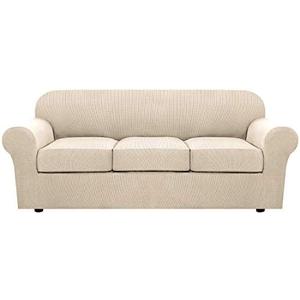 H.VERSAILTEX 4 Piece Stretch Couch Covers for 3 Cushion Couch Sofa Furniture Slipcovers Feature Upgraded Thicker Jacquard Fabric (Sofa, Natural)