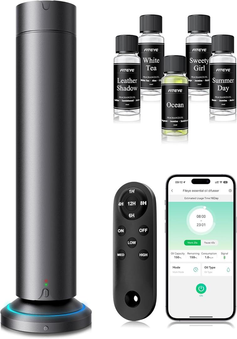 Waterless Scent Diffuser Kit Include 5x20ml Essential Oils, Essential Oil Diffuser for Home, Hotel & Office, APP&Remote Control, Quiet Operation, Pets and Kids Friendly, Max Coverage 1500 Sq Ft (Black)
