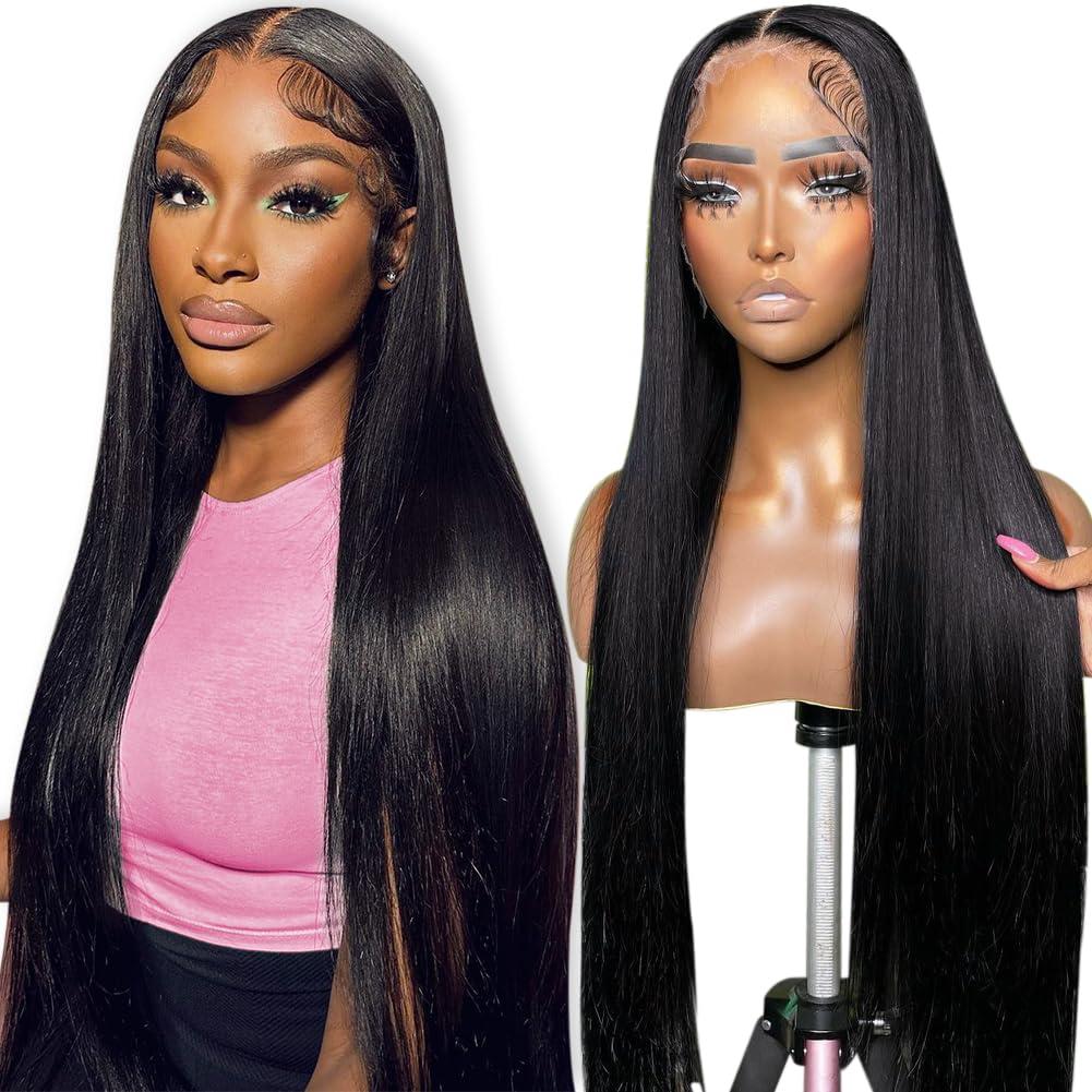Flady 28 inch Straight HD Lace Front Wigs Human Hair Pre Plucked 180 Density 13x4 Glueless Bone Straight Human Hair Wigs For Black Women Transparent Lace Frontal Wig With Baby Hair (Natural Black)