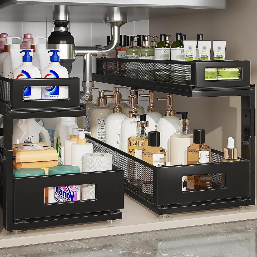 2 Pack 21.3IN-Depth Under Sink Organizer with Next-Gen Ball-Bearing Slides,2-Tier Pull Out Cabinet Storage,Height Adjustable Drawer Shelf for Bathroom,Kitchen,Laundry,Cabinet,Pantry-Black