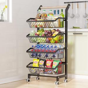 COVAODQ Snack Cart with Wheels 4-Tier Adjustable Fruit Rack Fruit Vegetable Basket Cart Metal Wire Storage Cart Rolling Pantry Utility Kitchen Cart (Black With Handle)