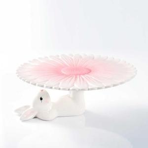 Easter Bunny Ceramic Cake Stand  Hand-Painted Pink Flower Dessert Plate, Holiday Ceramic Cake Holder for Easter Party, Spring Table Decoration
