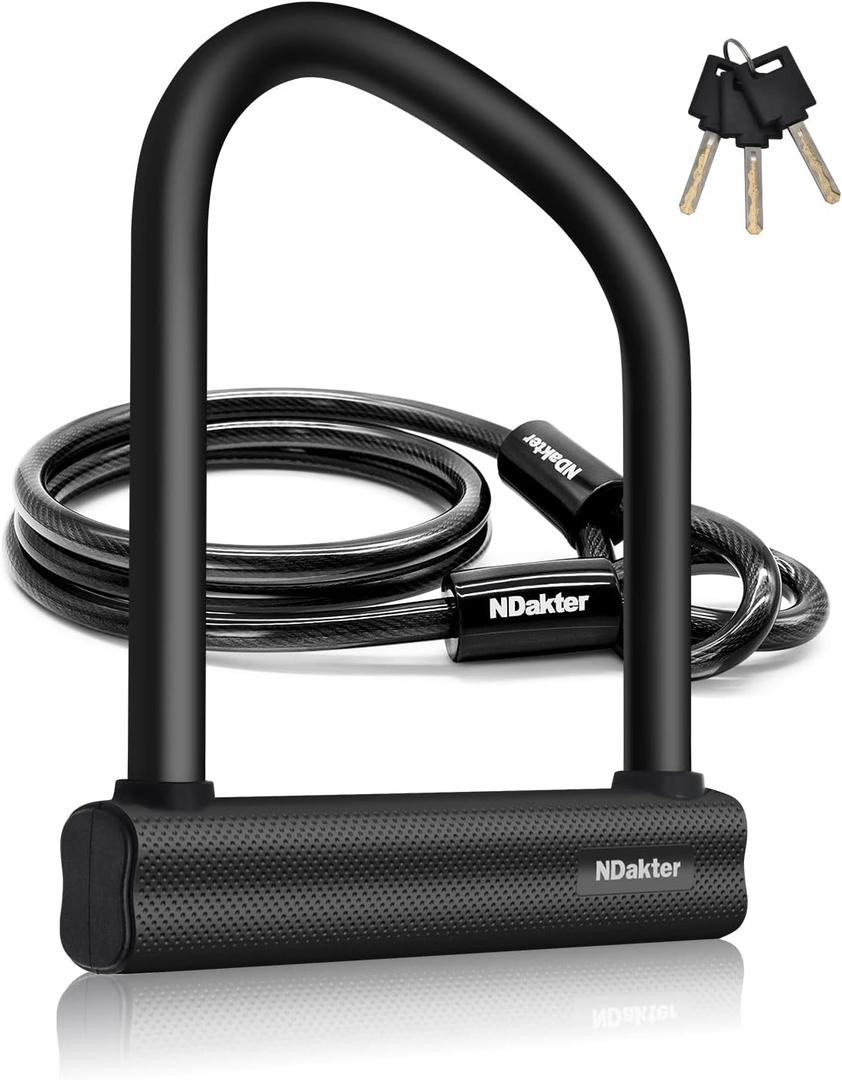 NDakter Bike Locks Heavy Duty Anti Theft, Bicycle U Lock for Ebike, 18mm Shackle, 6FT Steel Security Cable with 3 Keys for Electric Escooter, Motorcycle, Moped, Dirt-Bike, Tri-Bike Wheel Lock Sturdy