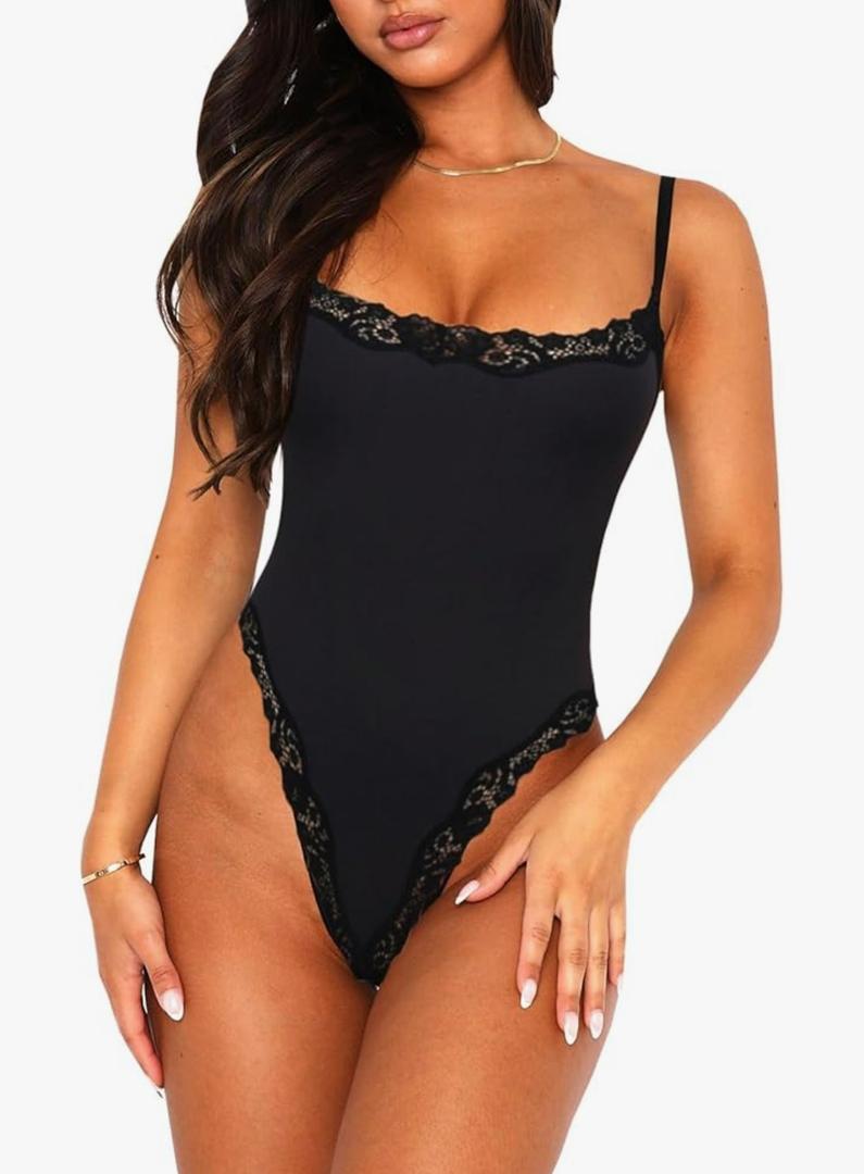 Navneet Women Sexy Lace Bodysuit Lace Trim High Cut Thong Spaghetti Strap Cami Bodysuit Going Out Tank Tops Body Suit XL