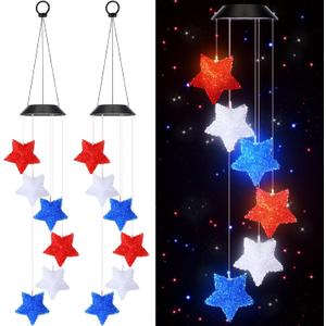 Glooglitter 2 Pcs Independence Day Rice Grain Five Pointed Star Solar Wind Chimes Wind Bell Light Hanging Solar Lights Changing Color Waterproof Decorative Mobiles for Garden Window Outdoor Decoration