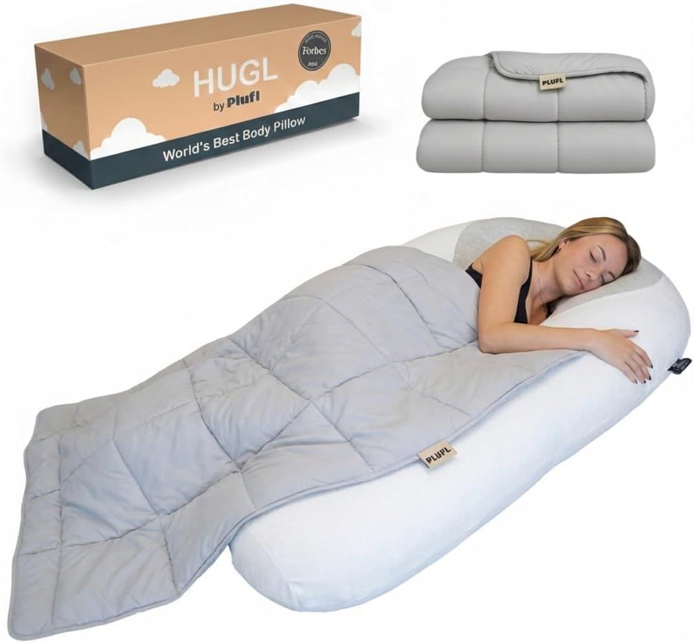 Plufl Hugl Cooling Body Pillow & Breeze Cooling Blanket Set | U-Shaped Memory Foam Pillow for Side Sleepers & Pregnancy | Lightweight Cooling Comforter for Hot Sleepers | Washable Covers | Standard Bundle, White