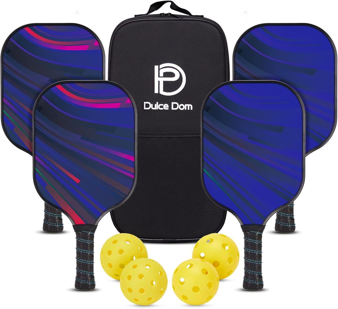Dulce DOM Pickleball Paddles Set of 2/4 - USAPA Approved, 4 Indoor Outdoor Pickleball Balls, Fiberglass Surface Paddle Racket with Cover Bag, Ideal Training Equipment Gift for Men & Women (Ribbon Gradient)