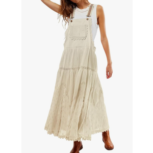 Women's Casual Lace Embroidered Maxi Dress Adjustable Strap Pleated Tiered Swing Long Dress with Pockets Large
