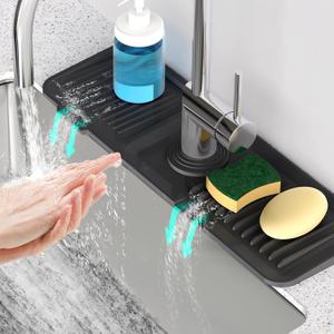 17.7inch Faucet Mat for Kitchen Sink [5Slope Fast Self-draining] Kitchen Sink Splash Guard Silicone Kitchen Sink Faucet Mat Splash Guard for Kitchen Sink Area Tidy Splash Faucet Guard Draining Mat (Black)
