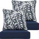 Deep Seat Cushion 22x24 2 Set (4 Pcs) for Outdoor Furniture, Water Repellent Fade Resistant Patio Cushions for Sofa, Chair, Lounge, Blue Leaves/Floral