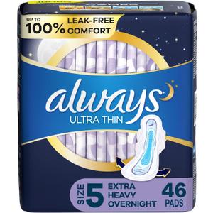 ALWAYS Ultra Thin Size 5 Extra Heavy Overnight Pads With Wings Unscented, 46 Count (40 Count (Pack of 1))