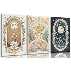 Ijeroain 3Pcs Vintage Tarot Wall Art Boho Sun Moon Painting Wall Decor Boho Celestial Sky Lotus Pictures Star Print Artwork for Bedroom Dorm Apartment Home Decoration 16x24in Canvas