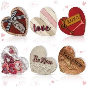 Beeveer 6 Pcs Valentine's Day Wooden Heart Signs Tiered Tray Decor Vintage Wood Heart Shape Table Blocks for Party Home Office Table Shelf Decor for Valentine's Day