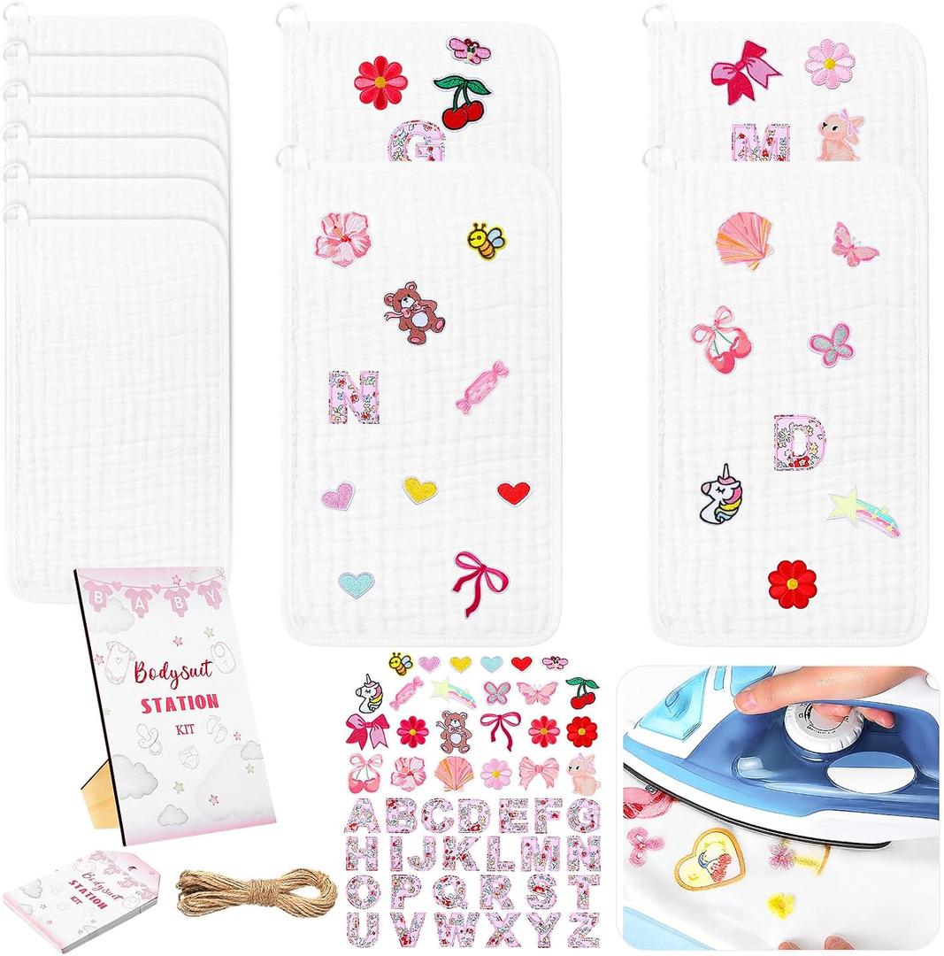 72 Pcs Baby Shower DIY Game Set Iron on Patches Game Sign Baby Towels Newborn Blank Towels Pink Embroidered Patches White Decorating Kit for Gender Reveal Games Party DIY Crafts