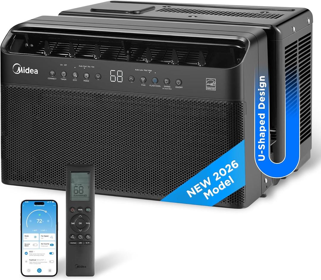 JET BLACK LIMITED EDITION Midea U Shaped Window Air Conditioner for Bedroom 6000 BTU, Smart Control, Inverter Technology Room Darkening Side Vents Ultra Quiet Innovative Window-Friendly Design