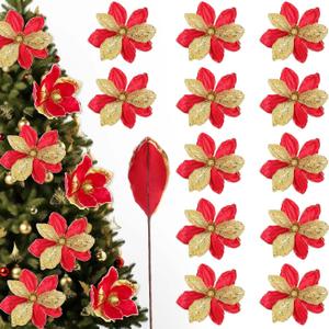 Zeyune 12 Pcs 9.84" Large Poinsettia Picks for Christmas Tree Red Gold Glitter Artificial Christmas Poinsettias Flower with Stems Xmas Floral Ornaments for Xmas Tree Party Wreath DIY Vase Home Decor