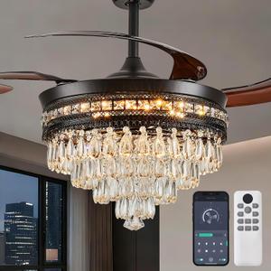 48" Retractable Crystal Ceiling Fans with Lights, Modern Black
Remote & App Control, 4 Hidden Blades, 3 CCT Dimmable LED, Reversible DC Motor, Chandelier Fan for Bedroom, Living Room