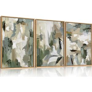 Large Abstract Green Beige Framed Canvas Wall Art Set, Neutral Brush Stroke Watercolor Wall Painting, Modern Minimalist Artwork for Living Room, Bedroom, Dining Room, Office -16"x24"x3