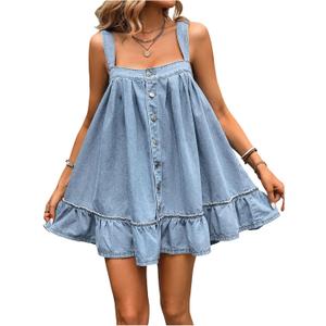 SHENHE Women's Ruffle Hem Denim Mini Dress Sleeveless Button Up Flowy Jean Tank Dresses S