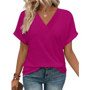 WIHOLL Womens Summer Tops Short Dolman Sleeve Shirts 2026 Fashion V Neck Outfits Clothes (XX-Large, Hot Pink)