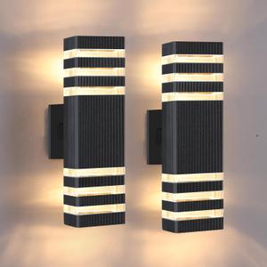 3-Layer Up and Down Modern Outdoor Wall Lights, 2-Pack Black Aluminum Exterior Sconce, IP65 Waterproof for Porch Garage Patio, Warm White 3000K, 4.13" X 2.56" X 14.96"