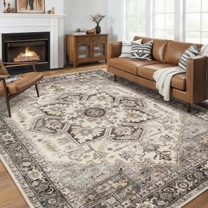 Area Rug for Living Room - 8x10 Soft Machine Washable Oriental Vintage Floral Distressed Large Indoor Floor Carpet for Bedroom Under Dining Table Home Office Decor - Grey Brown