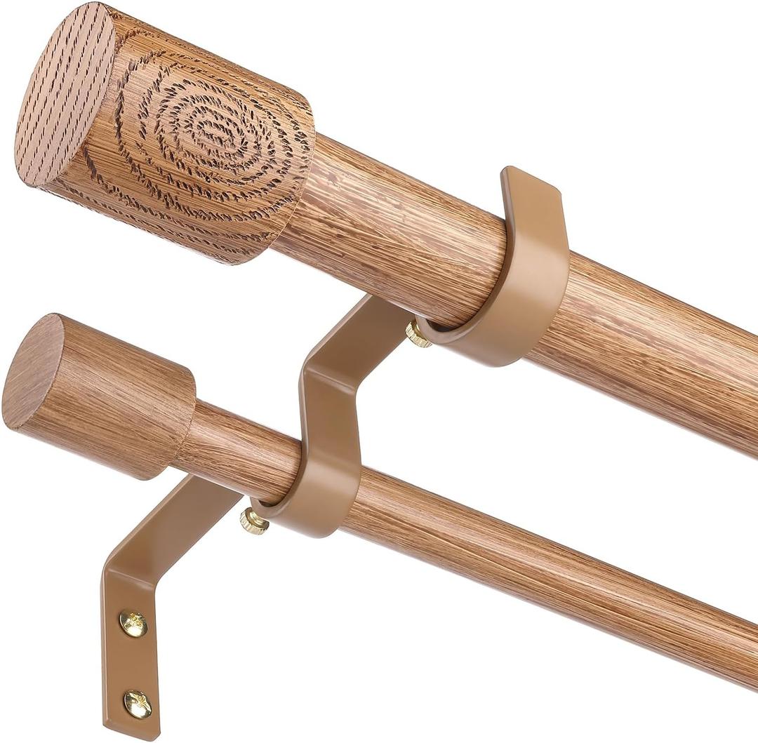 Wood Double Curtain Rod, Boho Decorative Dual Curtain Rod 36 to 72 Inch, 1 Inch Adjustable Heavy Duty Rustic Farmhouse Spliced Drapery Rods, Modern Faux Wood Grain Design