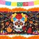 Day of The Dead Decorations Set, Ofrenda Decorations Include 2 PCS of 5 Feet Marigolds Flowers, Dia De Los Muertos Skull Backdrop 5x3 Ft and Papel Picado Banner for Indian Fiesta Mexican Home Decor